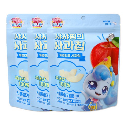 캐치티니핑 하츄핑의 딸기칩 꾸래핑의 사과칩 나나핑의 배칩 15g, 꾸래핑 사과칩, 3개