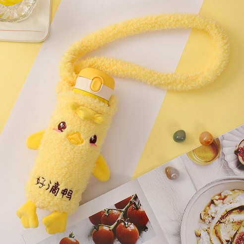 [LM] 거품 우유 차 보온병 병 곰 오리 플러시 커버 스트랩 절연 스테인레스 스틸 여행 물 진공 컵 선물, 420ml, Yellow