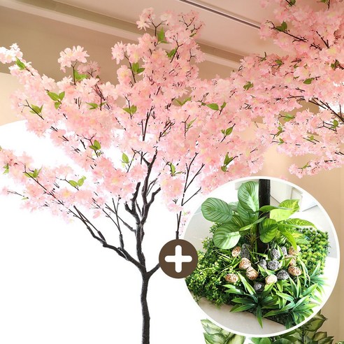 인테리어 대형 인조 조화나무, 1세트, 구름벚꽃 내츄럴목대 받침형 220CM_솔향난초잔디