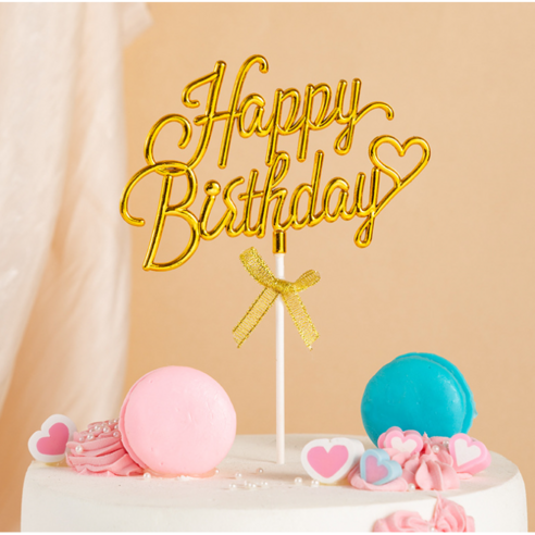 happy birthday 케이크 데코픽 생일파티 촬영 소품, 1개, 골드