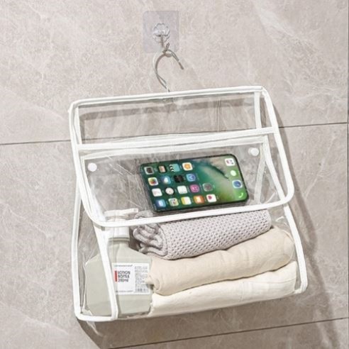 [순수그린]휴대용 화장실 투명가방 욕실 핸드폰 거치대 선반, 화이트, 1개