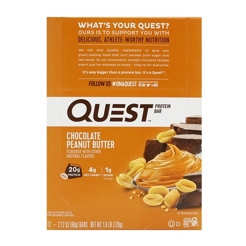 퀘스트바 단백질바 프로틴바 초콜릿 피넛 버터 12개입 Quest Nutrition 빠른직구, 720g, 1개