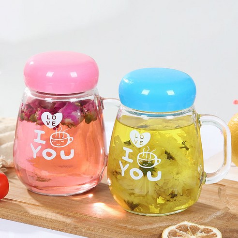 [손해 보상] 유리 컵 사무실 향기로운 차 컵 남성과 여성의 가정용 차 컵 380Ml 물 컵, 색깔1_컵 + 러브 스푼