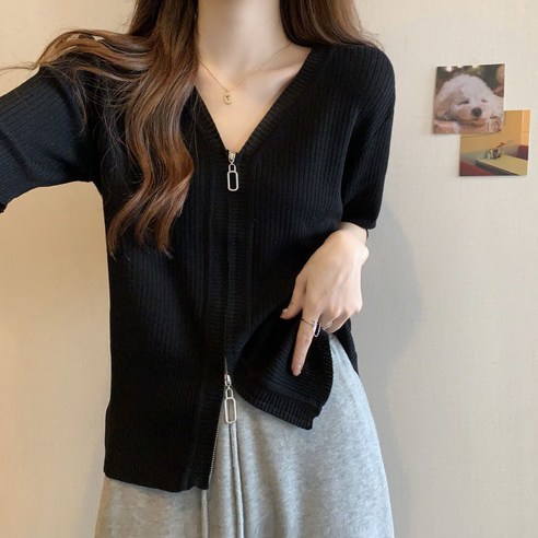 야오야오 여성용 찰랑 투웨이 브이넥 반팔 집업