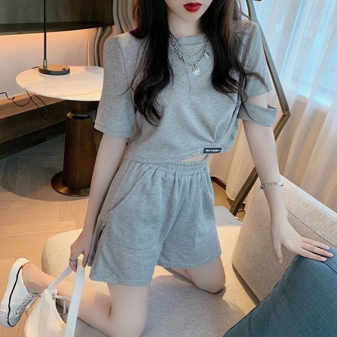 크레스티 여름 여성 캐주얼 트레이닝복티 셔츠 일상 패션 반팔 반팔 반바지 츠세트