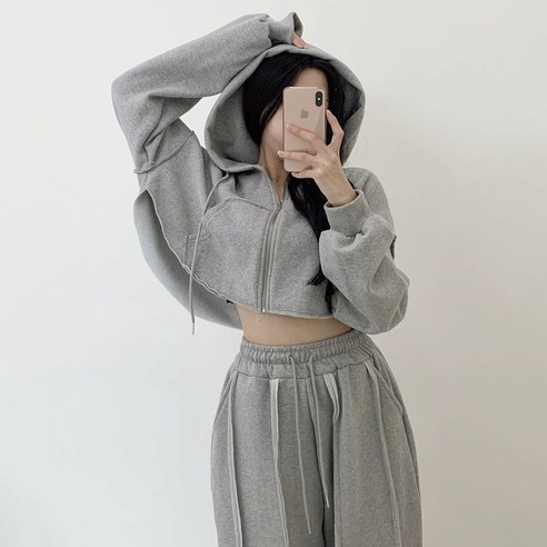 아름모먼트 여성 무지 컷팅 후드 크롭 집업 BTD95