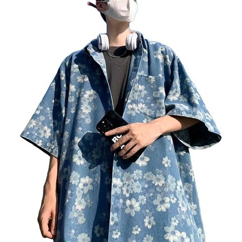 지디오 키조A 남성 반팔 셔츠 꽃무늬 패턴 워싱 데님 남방 오버핏 청셔츠 레이어드 카라 남자데님셔츠