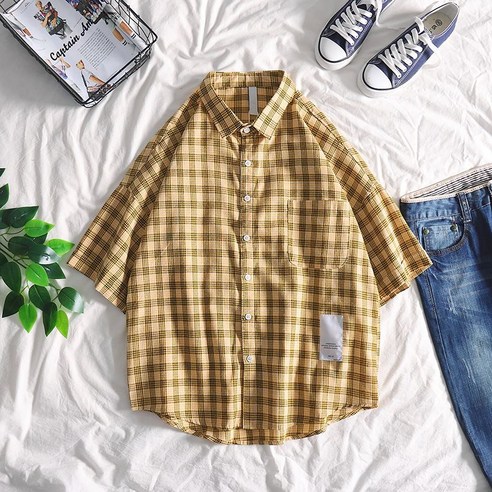 DFMEI 여름 캐주얼 체크 셔츠 홍콩풍 반팔 셔츠 패션 트렌드 남성복