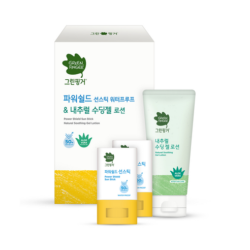 그린핑거 파워쉴드 선스틱 워터프루프 SPF50+ PA++++ 14g 2p + 내추럴 수딩 젤 로션 100ml, 1세트