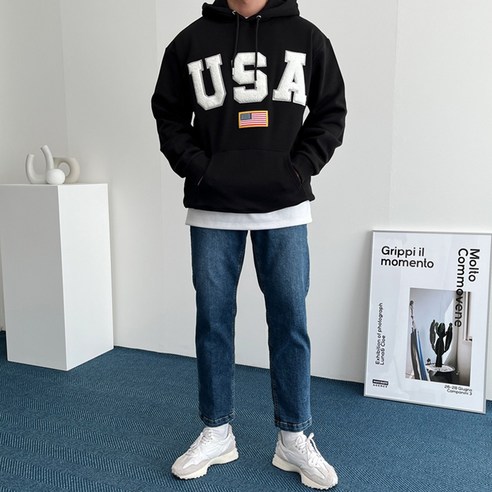 베럴댄나우 남녀공용 기모 USA 자수 오버핏 후드티