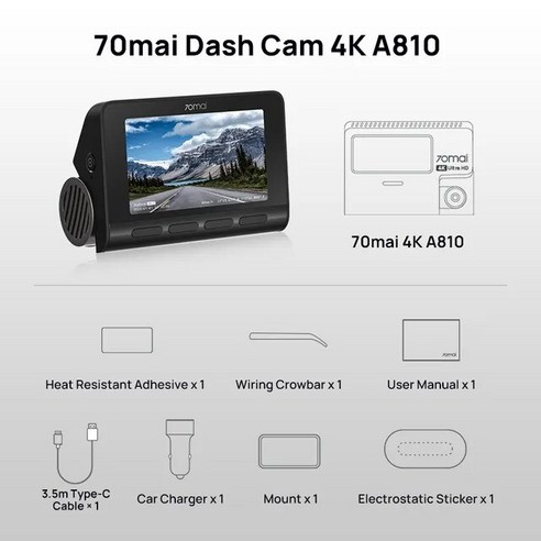 3채널블랙박스 차량용 70mai 내장 GPS 150 FOV AI 모션 감지 대시 캠 4K HDR 듀얼 채널 녹화 자동차 DVR A810, [01] A810 front Cam, [01] without SD Card