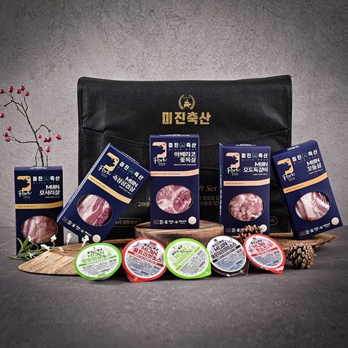 미진축산 고기 선물 세트 돼지고기 (이베리코꽃목살 300g + 숙성삼겹살 300g + 모서리살 300g + 오도독갈비 300g + 꼬들살 300g + MIJIN 특제소스 5종)