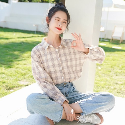 SU 폴로 칼라 격자 무늬 셔츠 여성 한국어 스타일 느슨한 겉옷 모든 경기 이른 봄과 가을 새로운 긴 소매 셔츠