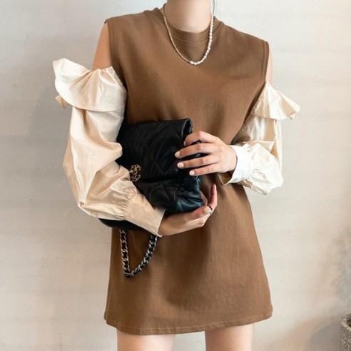 한국어 세련된 가을 겨울 우아한 라운드 넥 긴 소매 스티치 디자인 감각 틈새 오프 어깨 드레스 여성 짧은 스커트
