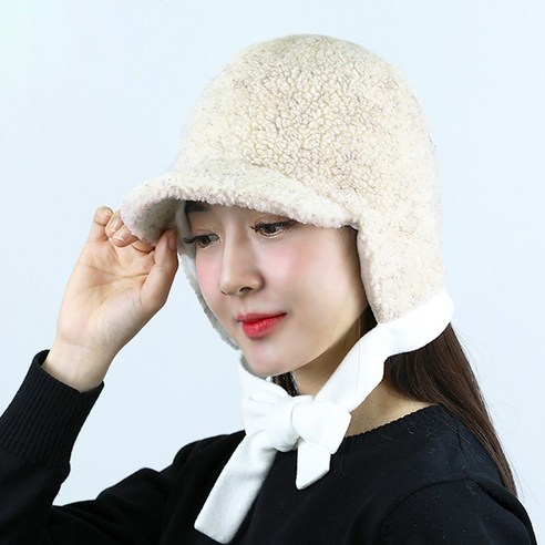 루페오 겨울 방한 여성 고급 멜란 뽀글이 귀마개 귀달이 보닛햇 리본 끈 버킷햇 플리스 털 모자, 아이보리, 1개