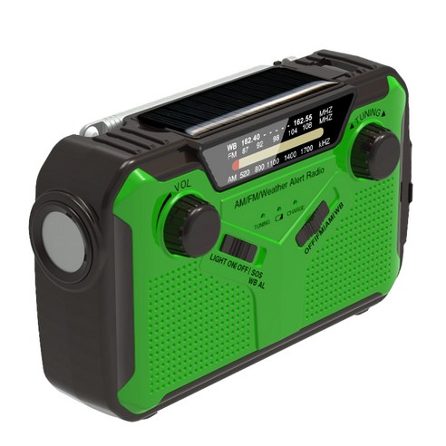 AFBEST 핸드 라디오 태양열 크랭크 AM/FM/WB 비상 날씨 전원 은행 기능이 있는 LED 손전등(녹색), 초록, 하나