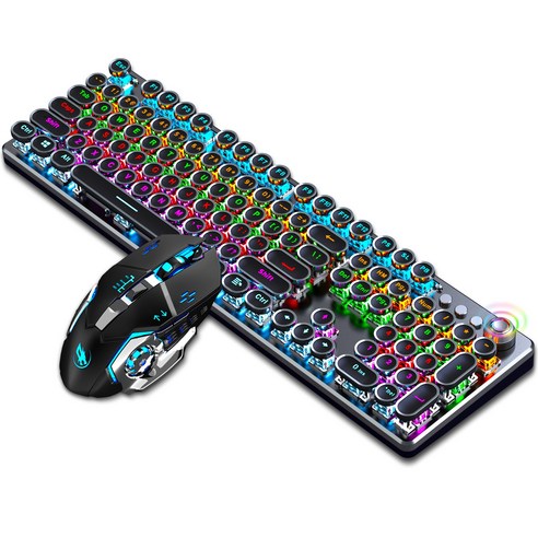 KEYXGSUL 유선/무선 키보드 +마우스 세트 동기화 입력 RGB 다기능 노브 펑크 게임 기계 키보드, 블랙 키보드+마우스, 청축, 노브 버전