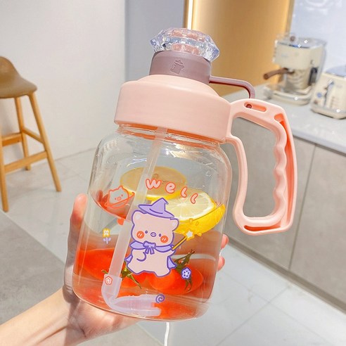 유리컵 휴대용 대용량 물컵 1000ml 창의적인 야외 스포츠 헬스 차 담그는 물병 네이비(가죽 커버 없음), 핑크(가죽 커버 제외)
