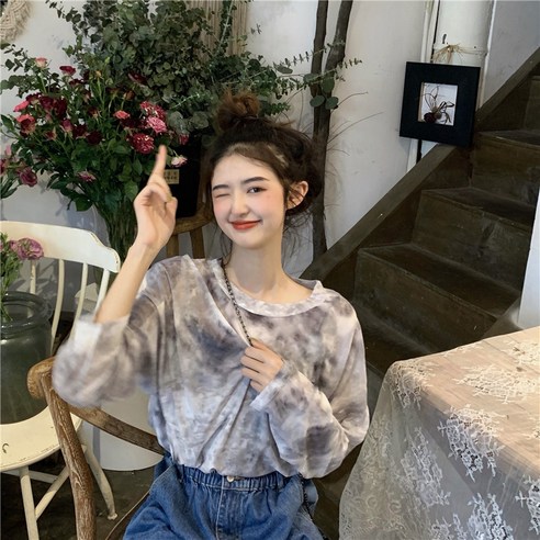 DFMEI 선 스크린 메쉬 셔츠 여성 긴 소매 실크 내부 여름 새로운 얇은 넥타이 염색 티셔츠 탑, DFMEI 넥타이 염색 회색