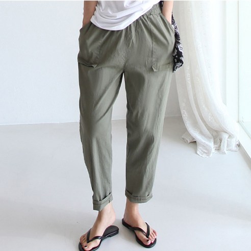 애플망고샵 여성 면바지 린넨 포켓패치 밴딩 팬츠 편한 간절기면스판 허리밴딩 팬츠