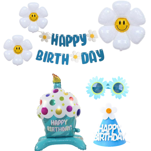 연지마켓 생일파티 용품 세트 데이지 풍선 생일 가랜드 안경 고깔, 1세트, 08)블루 컵케이크