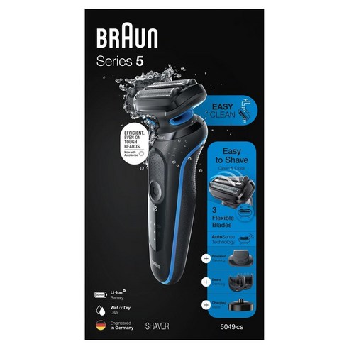 Braun Series 5 5049cs 전기 면도기 충전 스탠드 포함 수염 트리머 습식 및 건식 충전식 무선 포일 블루, 1) 6 Piece Set w Beard Trimmin