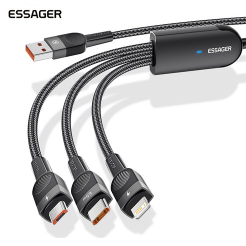 ESSAGER 66W 3 in 1 USB-A to 5핀+8핀+C타입 고속 충전 케이블, 1.2m, Black
