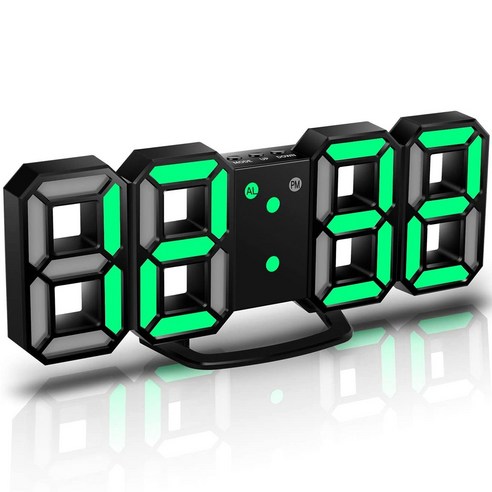 Deoxygene 3D LED 벽시계 디지털 시계 알람 시계 3 조정 가능한 밝기 녹색, 검은 색