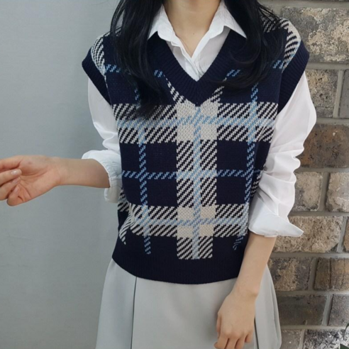 상상그이상 여성용 국내제작 빅체크 브이넥 루즈핏 니트조끼 베스트 간절기 레이어드 캐주얼 니트