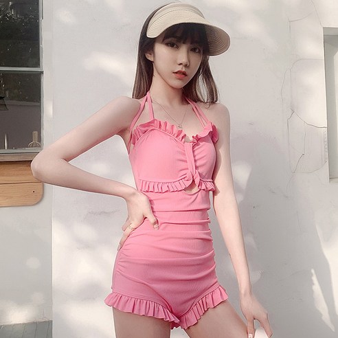 DFMEI 판매 원피스 나무 귀 수영복 배꼽 커버 슬리밍 보수적 인 원피스 복서 수영복, DFMEI 핑크