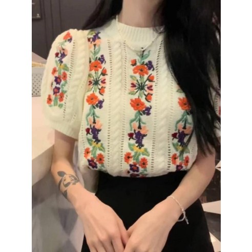 여름 니트 꽃 꽈배기 퍼프 반팔 티 스웨터 듀엘티셔츠