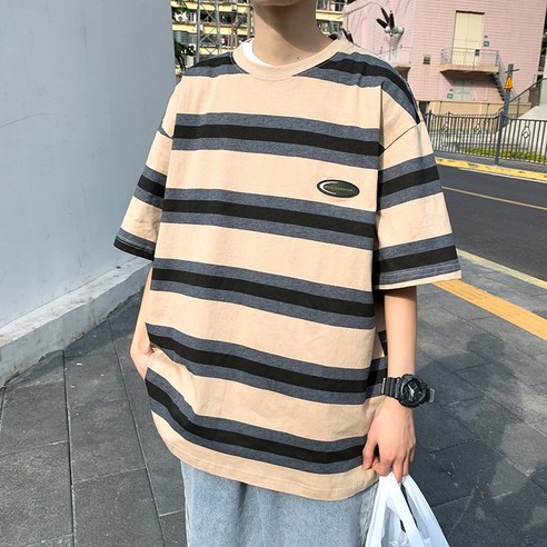 DFMEI 여름 홍콩 스타일 컬러 스트라이프 짧은 소매 티셔츠 남자의 한국어 스타일 유행 느슨한 다섯 쿼터 슬리브 탑 의류