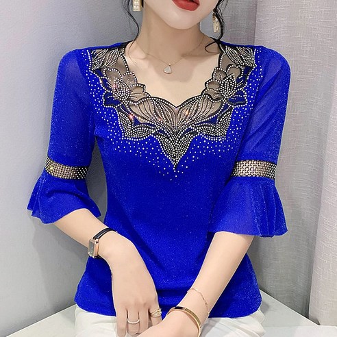 모네르 플라워 큐빅 여성 라인댄스복 상의, 블루