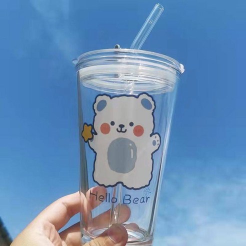 빨대 컵 여학생 한국판 ins풍 유리컵 가정용 뚜껑 휴대용 우유컵 소녀심 물컵 실크 프린트 곰 싱글컵, 화투별곰구이(컵+유리빨대+뚜껑+빨대솔)