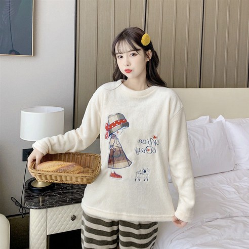 가을 겨울 잠옷 여성 플란넬 두꺼운 한국어 스타일 귀여운 학생 초대형 산호 양털 봄 따뜻한 정장