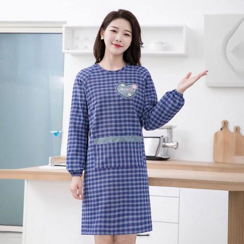 앞치마 주방의류 순면 긴팔 가정용 앞치마 주방 요리, 1 건, 순면 하트 자수 블라우스 - 블루