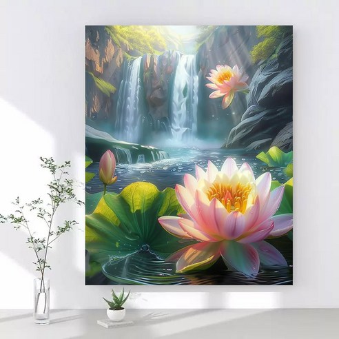 보석십자수 캔버스형 DIY 액자형 40x50cm 3D 대형 다이아몬드페인팅 그림 구슬십자수 행운 거실 인테리어 그림, 1개, 01 연꽃 폭포