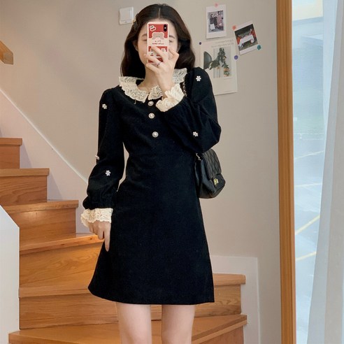 KORELAN 봄철 코듀로이 헵번 꽃인형 넥원피스 여 쁘띠 블랙스커트