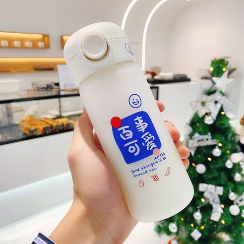 러블리 물컵 여자 끈 빨대 인플루언서 심플 학생용 유리컵 고온의 끈 눈금스크럽 컵을 휴대하다., 만사가 사랑스럽다._420ml