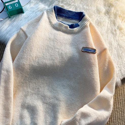 smy라운드 넥 스웨터 남자 가을 겨울 새로운 유행 브랜드 가짜 스웨터 홍콩 스타일 레트로 모든 일치 커플 풀오버 스웨터