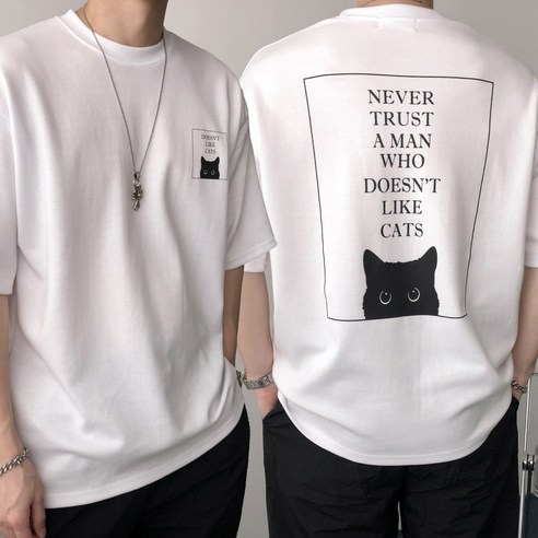 국내 제조 고양이 프린팅 박스 프린트 남녀 공용 빅사이즈 특양면 오버핏 반팔 티셔츠 
의류