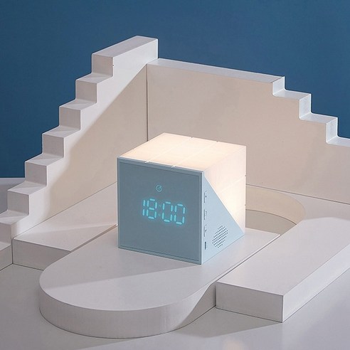 큐브 스누즈 무드등 LED 미니 탁상 음성 인식 무소음 알람 시계 탁상시계 전자시계, 그레이