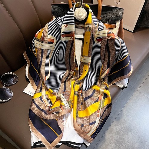 봄 여름 비단 면 얇은 스카프 여성 모조 실크 체인 네모난 스카프 장식 자외선 차단 숄 프린트 포켓 넥타이