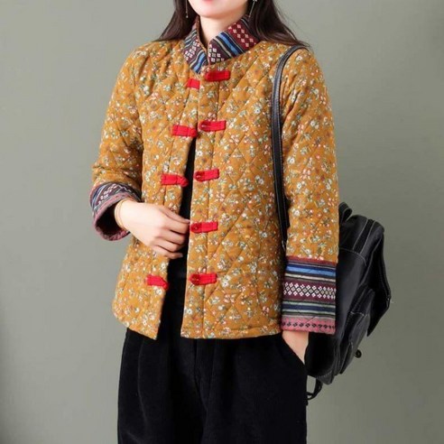 Mao어머니 중년 새로운 인쇄 스탠드 칼라 스티치 코튼 패딩 코트 여성 버클 민족 스타일 퀼트 따뜻한 짧은 코튼 패딩 옷