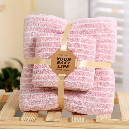 1+1 수건 70*140+35*75 수분을 잘 흡수하며 매우 부드럽고 부드러워요., 분홍색 얇은 줄