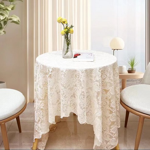 JUNNN 낭만적 분위기 꽃 무늬 레이스 원형 테이플 식탁보, 140cm*100cm, 베이지