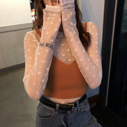 플라워 긴팔 시스루 블라우스 망사티셔츠