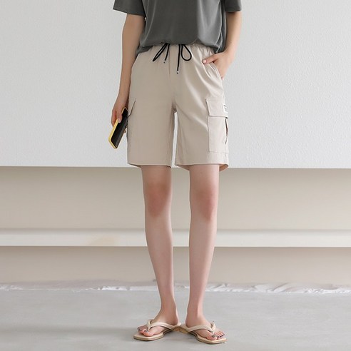 원타임 여성용 허리밴딩 스트링 포켓카고 반바지
