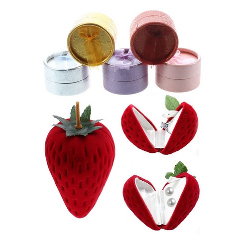 Deoxygene 5 pcs 판지 라운드 보석 반지 목걸이 귀걸이 선물 패키지 케이스 상자 & 1x 작은 딸기 모양 레드, 1개, 무작위 색상 및 빨강