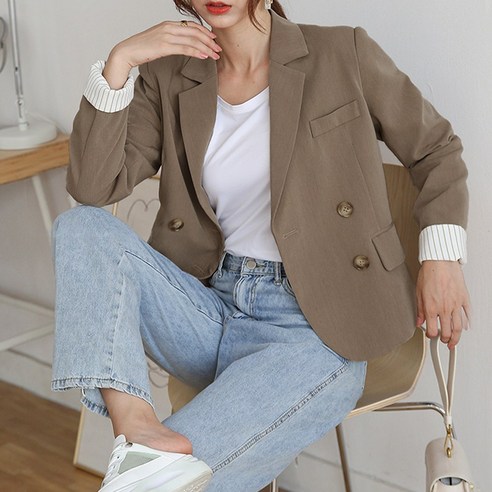 더블버튼 롤업 여성 데일리 크롭 숏 자켓 베이직 모던 아우터